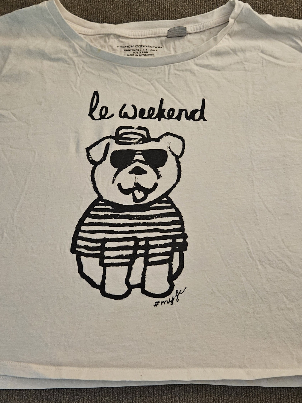 FRENCH CONNECTION Large Le Weekend Paris Bulldog Graphic Crop Ladies Shirt RARE!